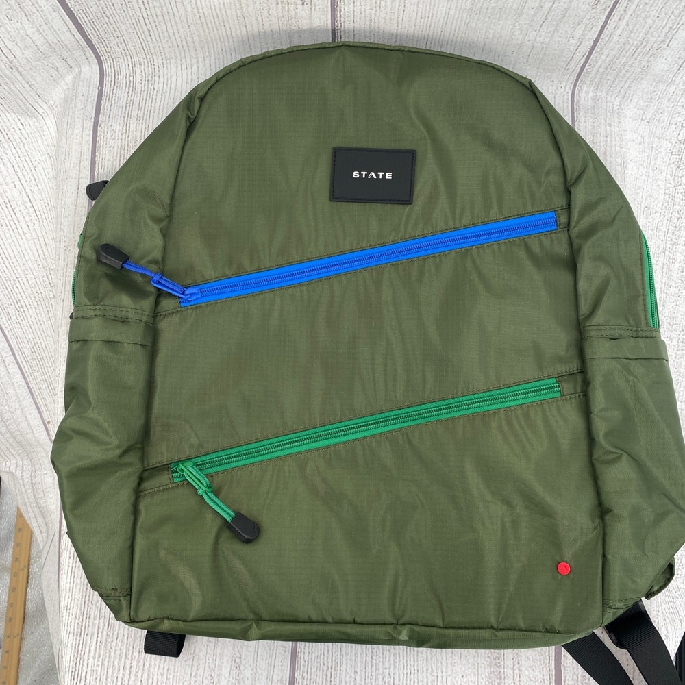 State Bags Kane Kids Large Backpack Olive Green Ripstop Diagonal Zip Gorpcore